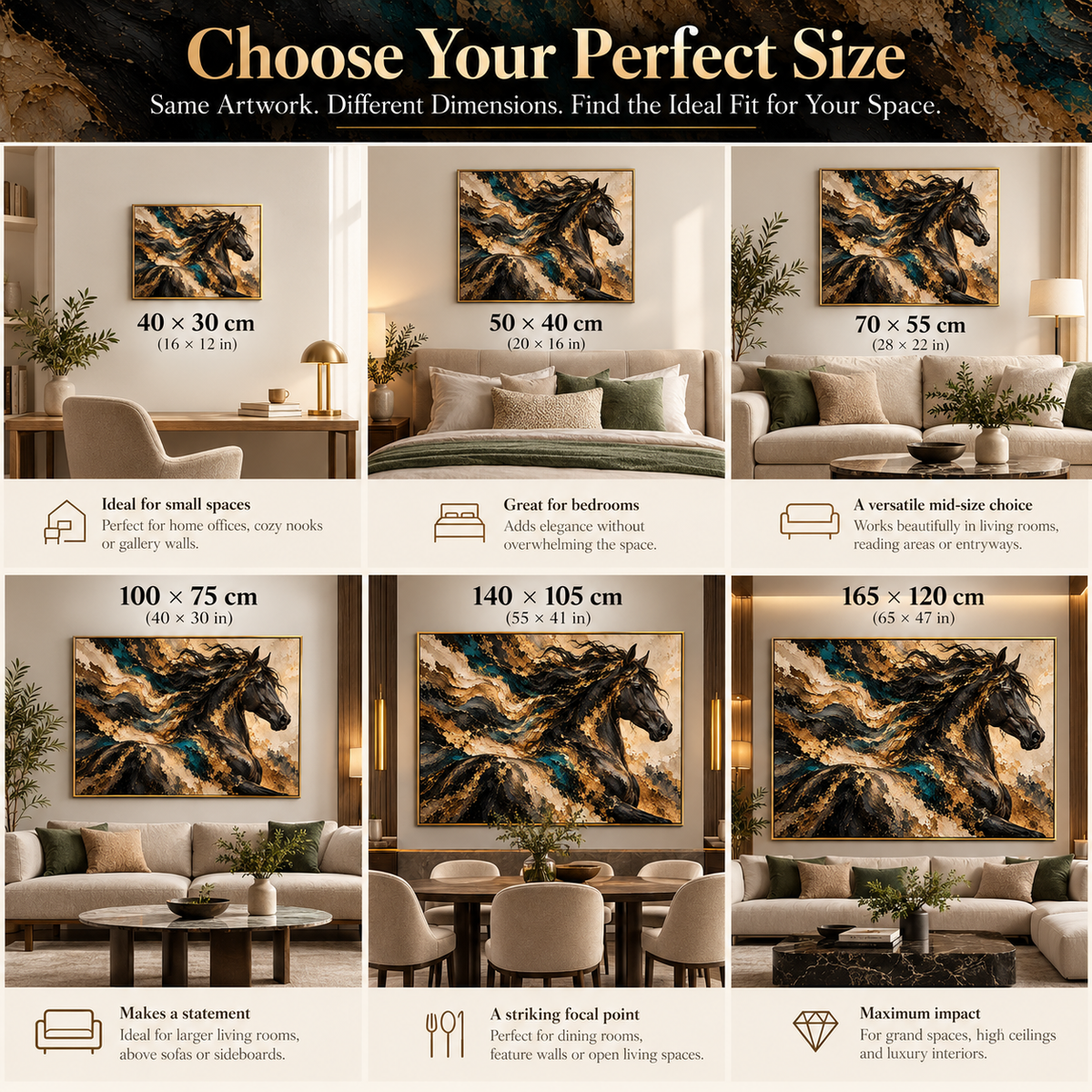 Aurum Stallion size guide from 40x30 cm to 165x120 cm
