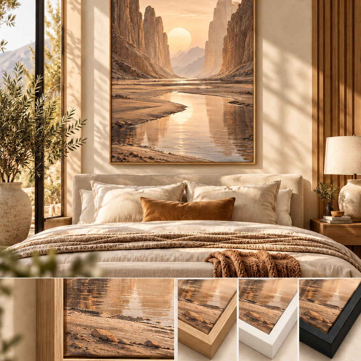 Desert Valley Dusk desert canvas wall art styled in a luxury neutral room
