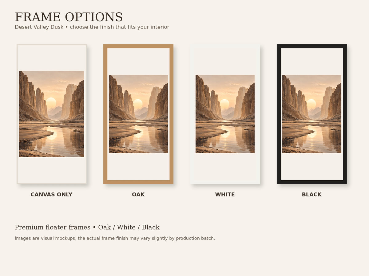 Desert Valley Dusk frame options in canvas only, oak, white and black