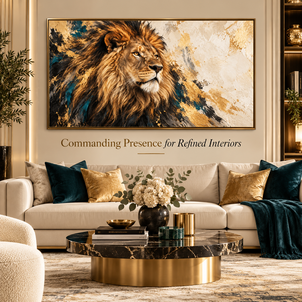 MIORLUNE Edition 04 lion artwork in a refined luxury living room