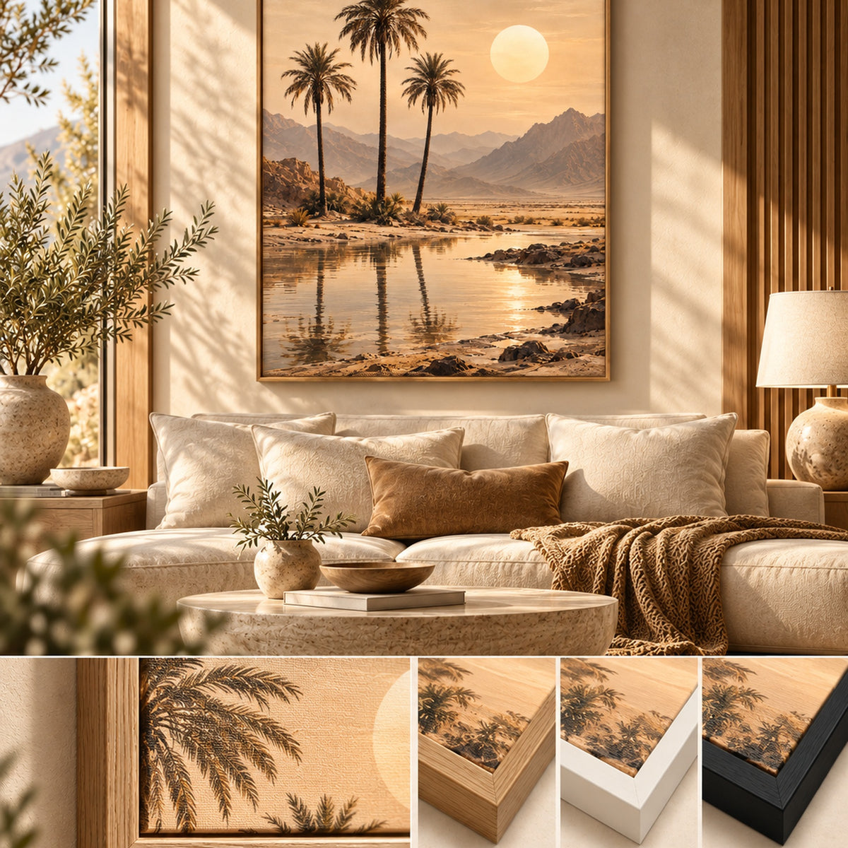 Oasis Whisper desert oasis canvas wall art in a warm luxury interior
