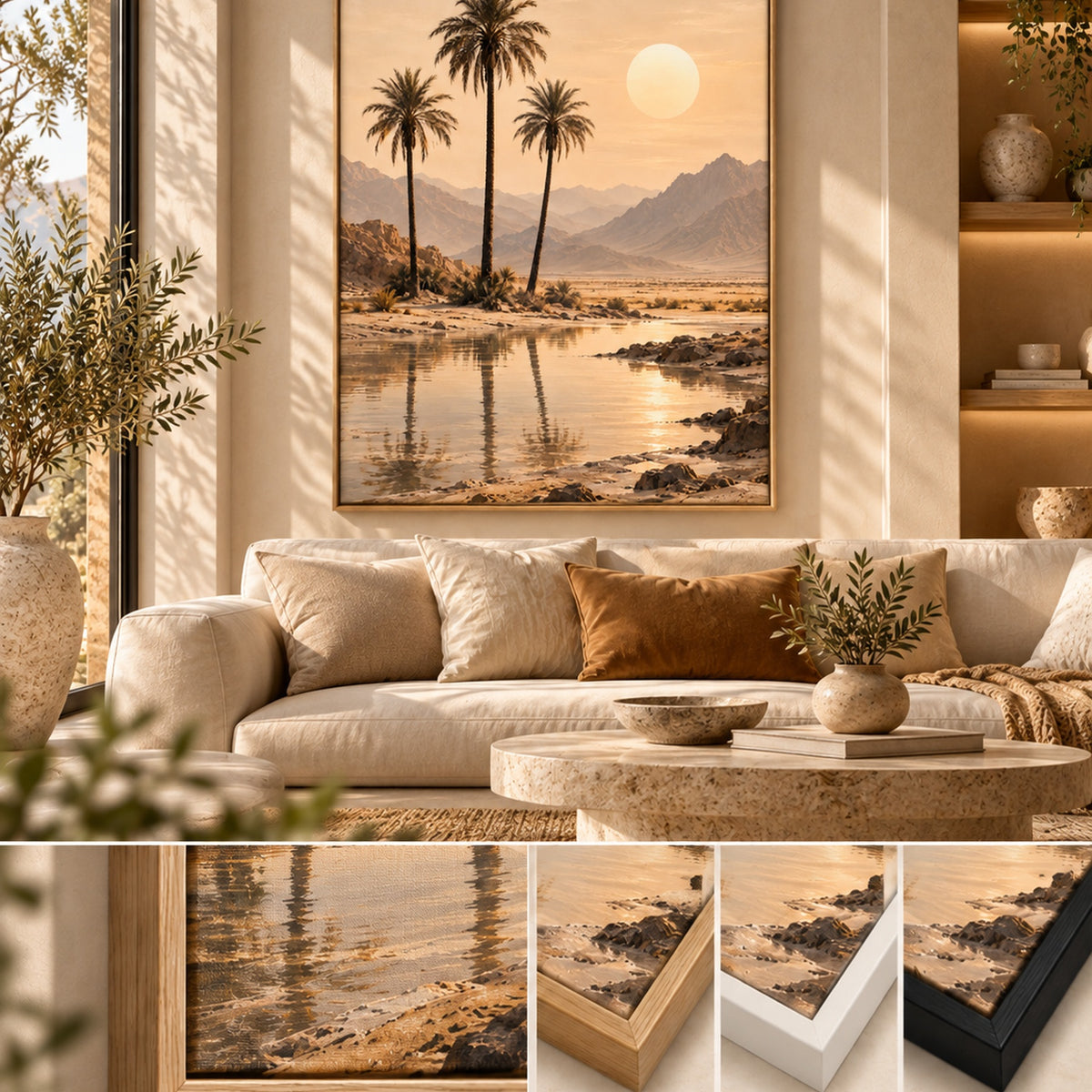 Oasis Whisper canvas wall art styled in a refined neutral room