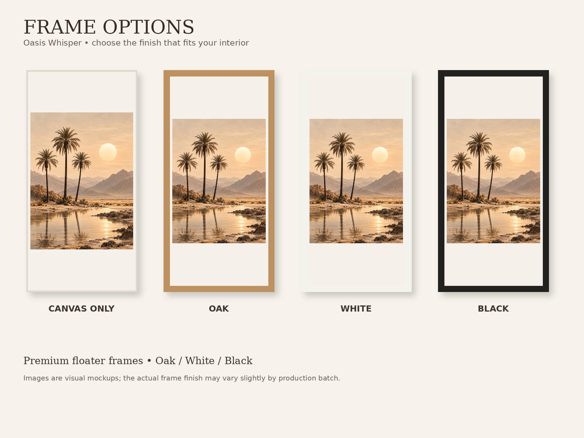 Oasis Whisper frame options in canvas only, oak, white and black