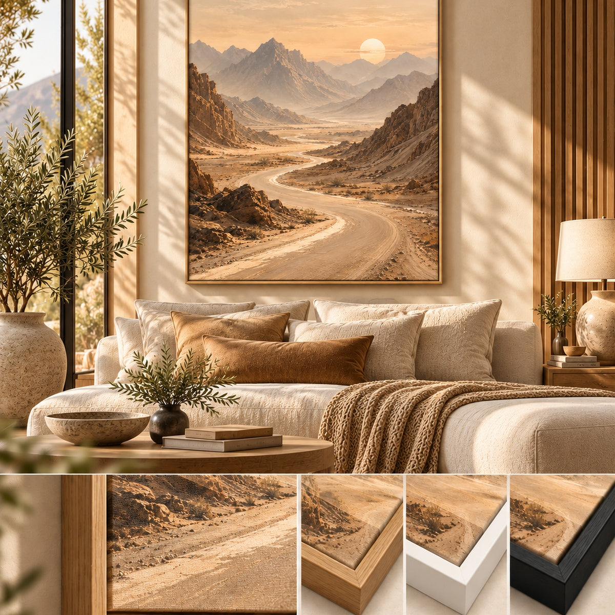 Road to Dusk desert road canvas wall art in a warm modern living room