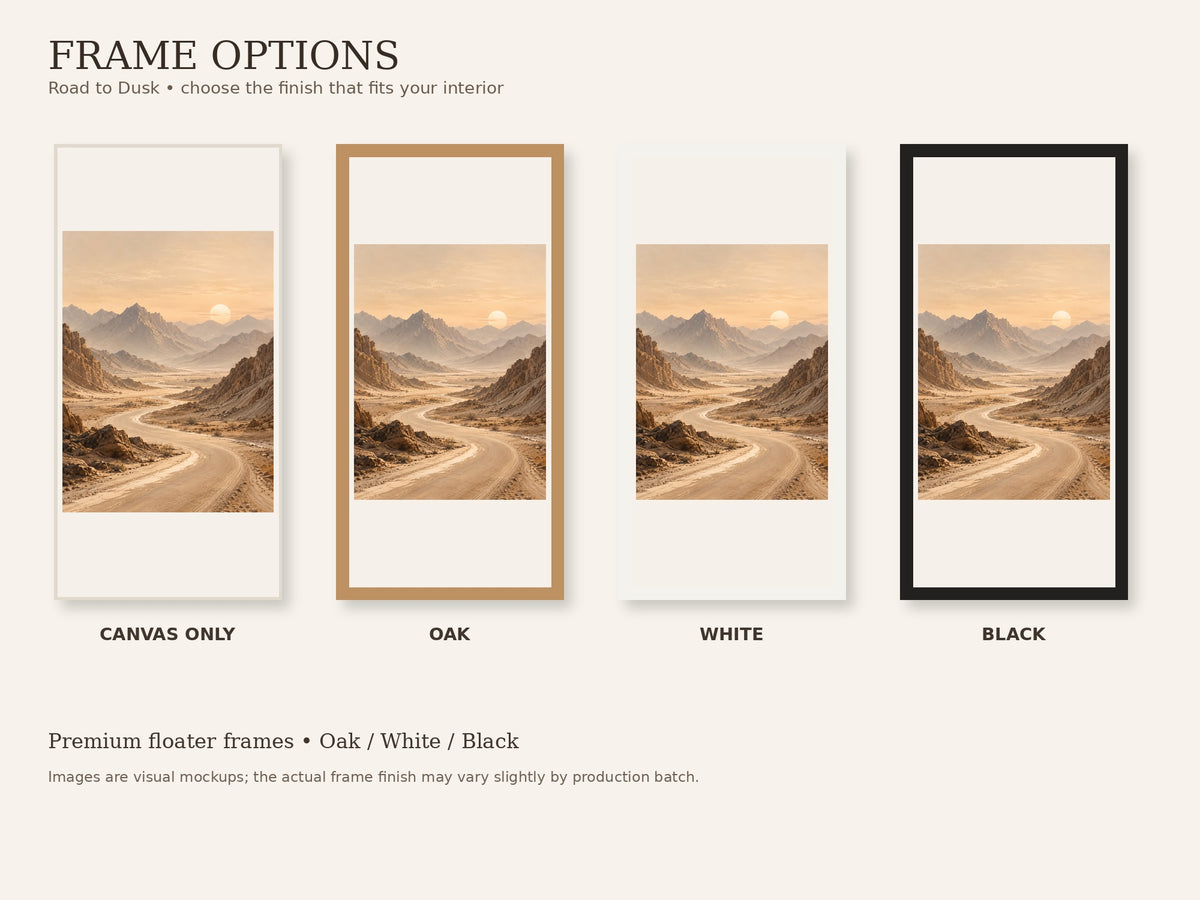 Road to Dusk frame options in canvas only, oak, white and black