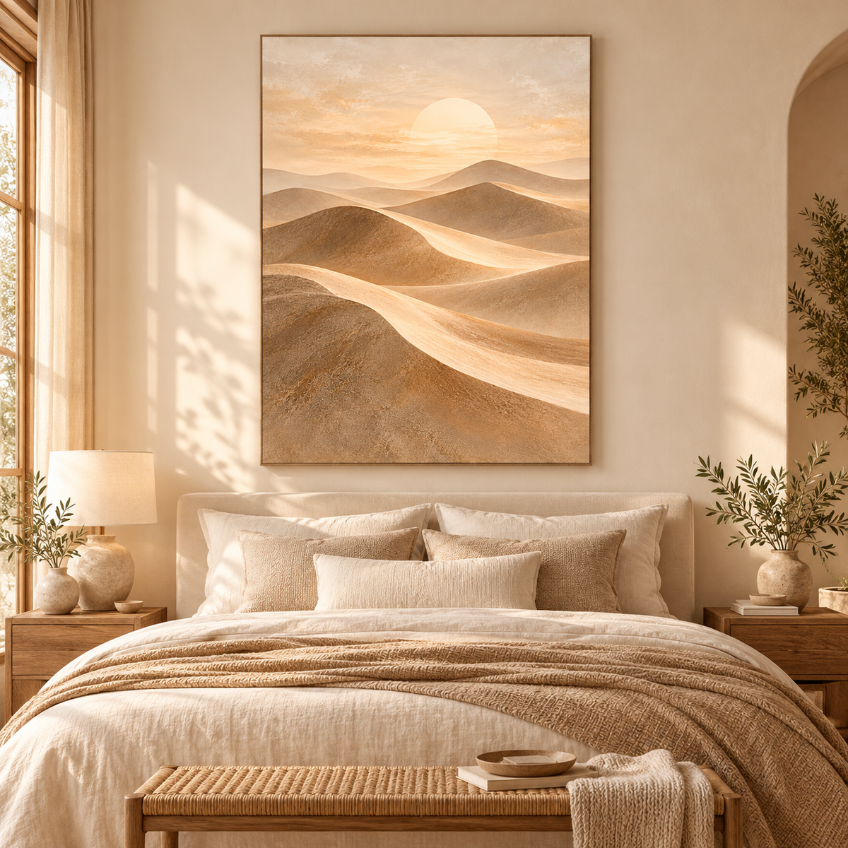 Sahara Veil desert canvas wall art in a warm luxury bedroom