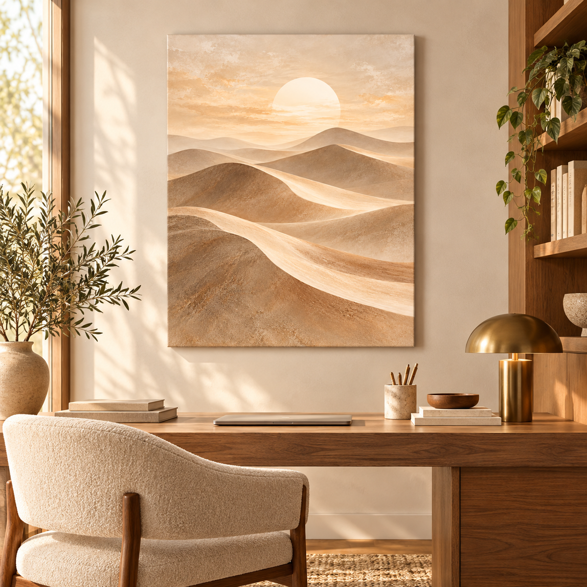 Sahara Veil desert canvas wall art in a refined modern office