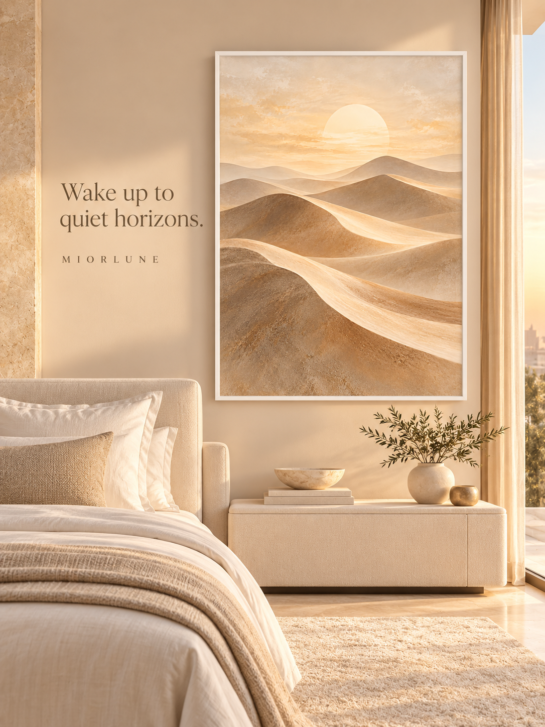 Sahara Veil canvas in a luxury bedroom with a white frame