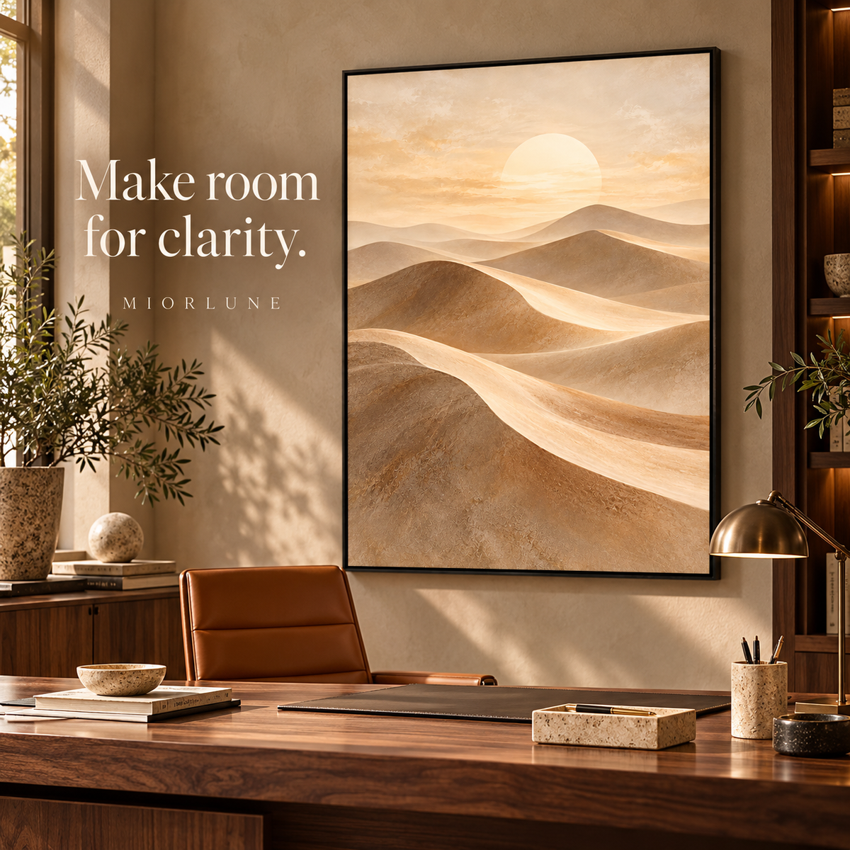 Sahara Veil canvas in a luxury office with a black frame