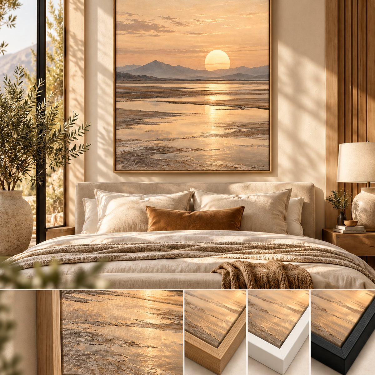 Salt Mirror Sunset canvas wall art in a warm luxury bedroom