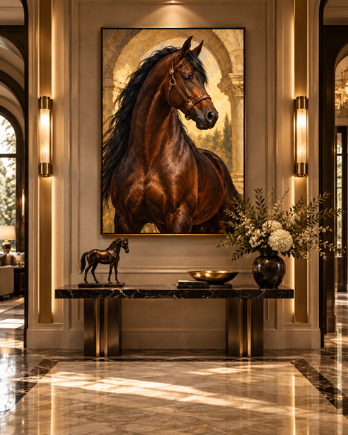 MIORLUNE Untamed Elegance horse canvas in luxury gallery entrance