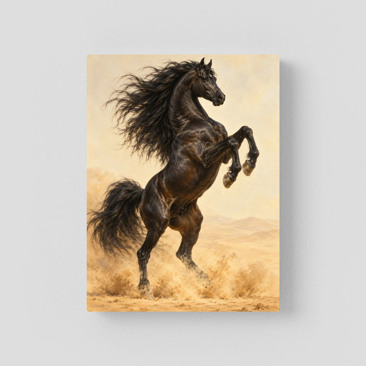 Highland Spirit dark horse rearing in golden dust, canvas without an outer frame