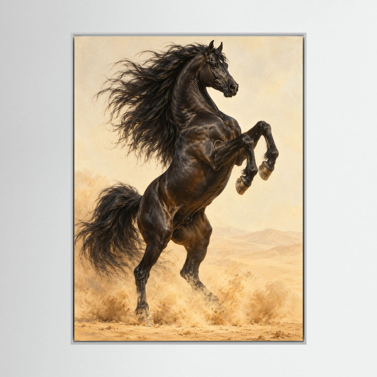 Highland Spirit dark horse rearing in golden dust, white frame